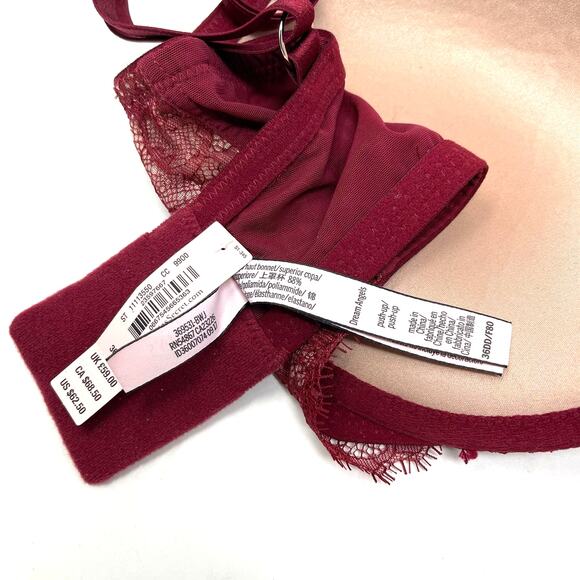 Victoria's Secret Dream Angles Push Up Bra Wine Red Lace Size 36DD - Picture 6 of 7